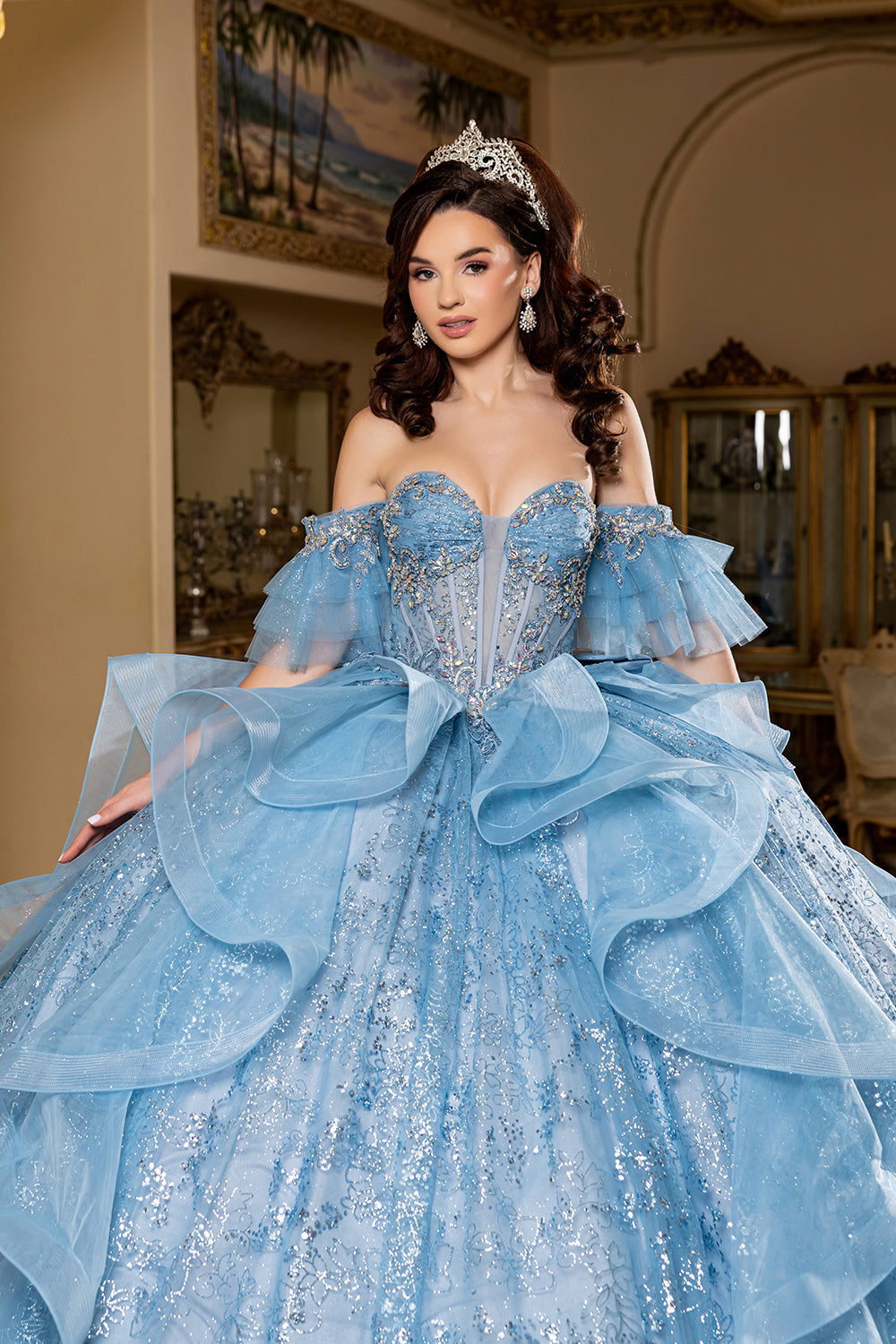 Off-Shoulder Quinceanera Ball Gown Glitter Tulle Corset Dress with Ruffled Skirt by Layla K LK296