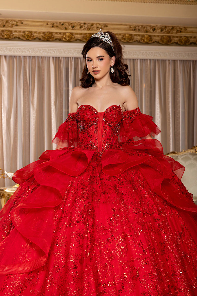 Off-Shoulder Quinceanera Ball Gown Glitter Tulle Corset Dress with Ruffled Skirt by Layla K LK296