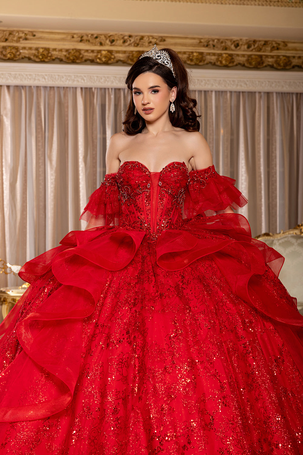 Off-Shoulder Quinceanera Ball Gown Glitter Tulle Corset Dress with Ruffled Skirt by Layla K LK296