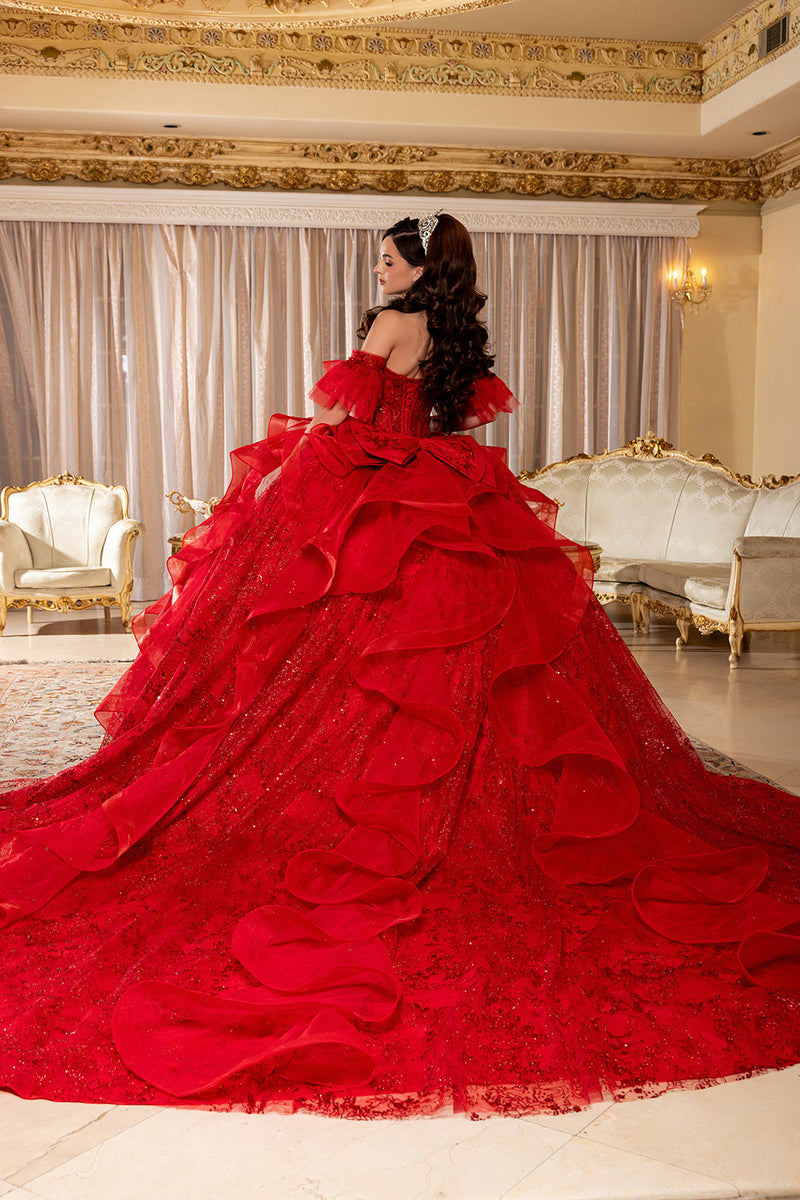 Off-Shoulder Quinceanera Ball Gown Glitter Tulle Corset Dress with Ruffled Skirt by Layla K LK296