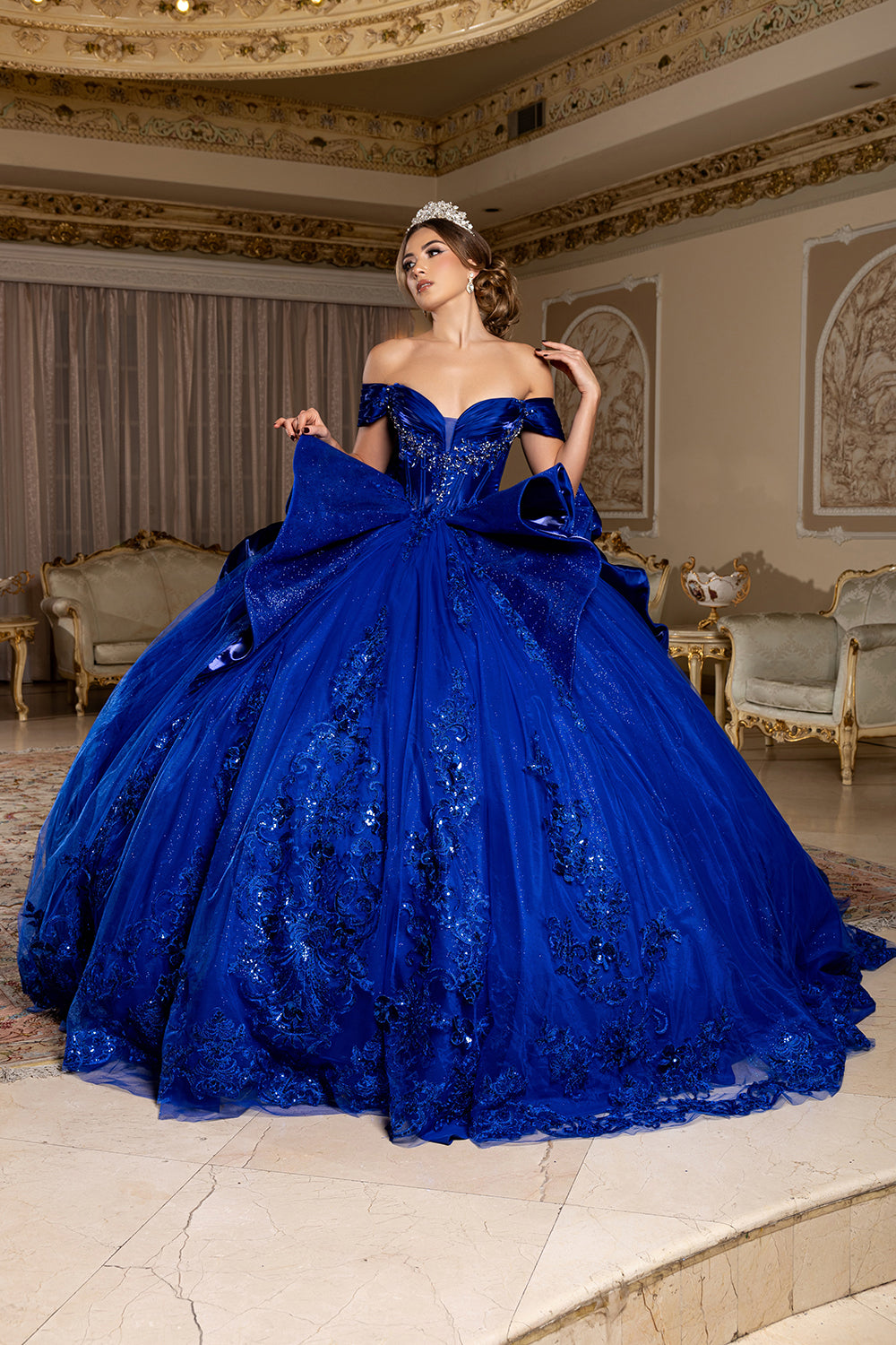 Off-Shouler Sweetheart Corset Beaded Ballgown with Detachable Bow & Train by Layla K LK297