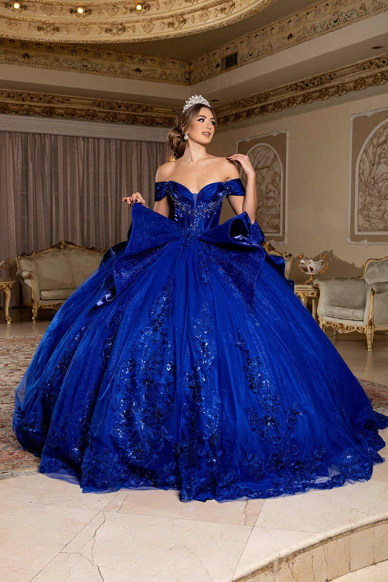Off-Shouler Sweetheart Corset Beaded Ballgown with Detachable Bow & Train by Layla K LK297