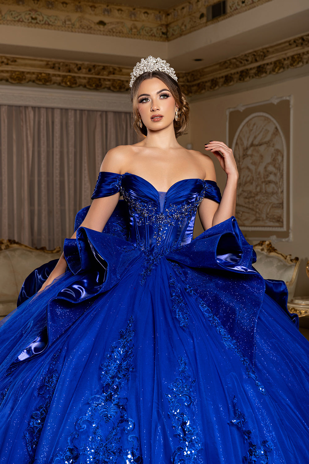 Off-Shouler Sweetheart Corset Beaded Ballgown with Detachable Bow & Train by Layla K LK297