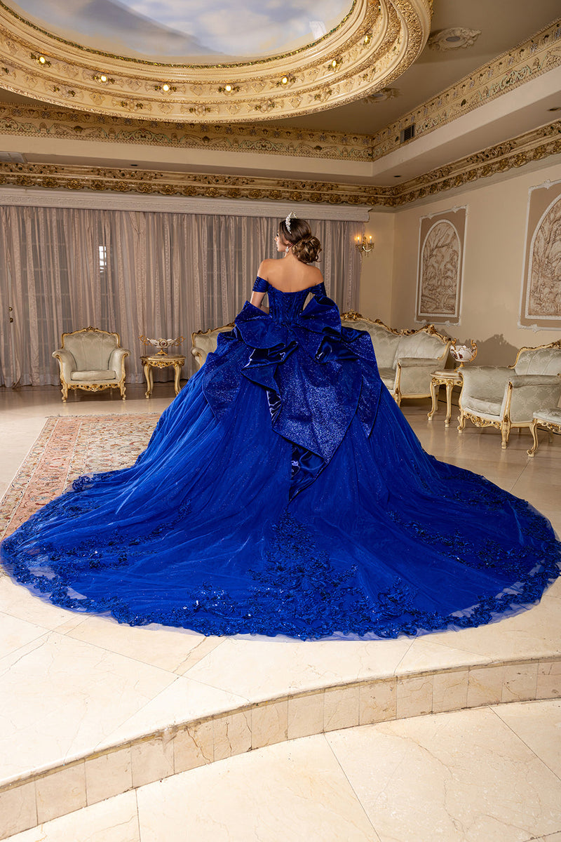 Off-Shouler Sweetheart Corset Beaded Ballgown with Detachable Bow & Train by Layla K LK297