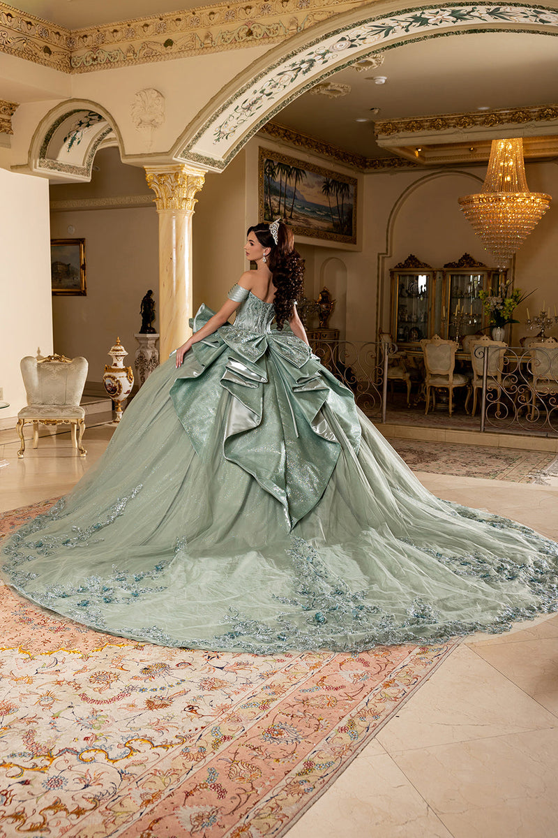 Off-Shouler Sweetheart Corset Beaded Ballgown with Detachable Bow & Train by Layla K LK297