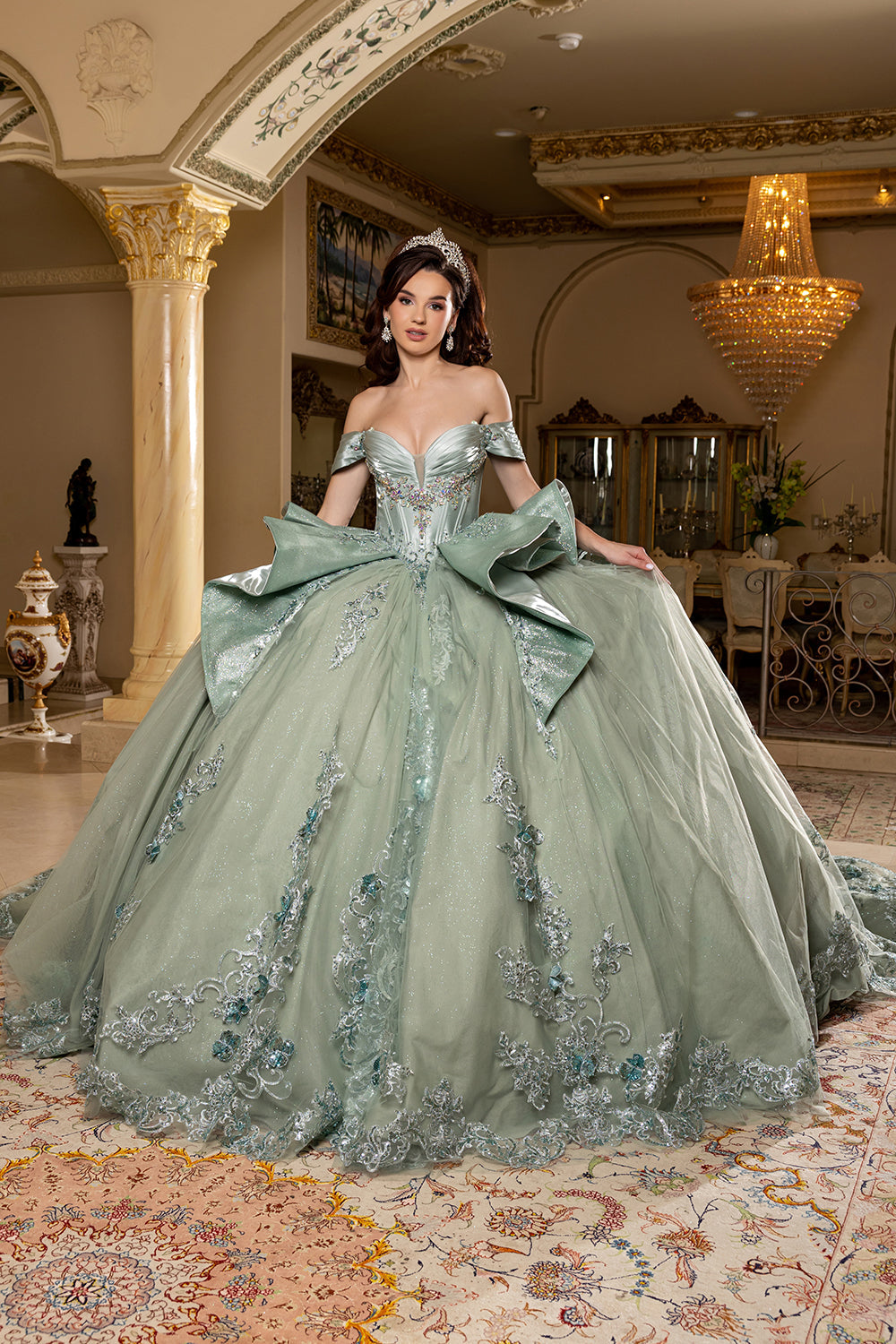 Off-Shouler Sweetheart Corset Beaded Ballgown with Detachable Bow & Train by Layla K LK297