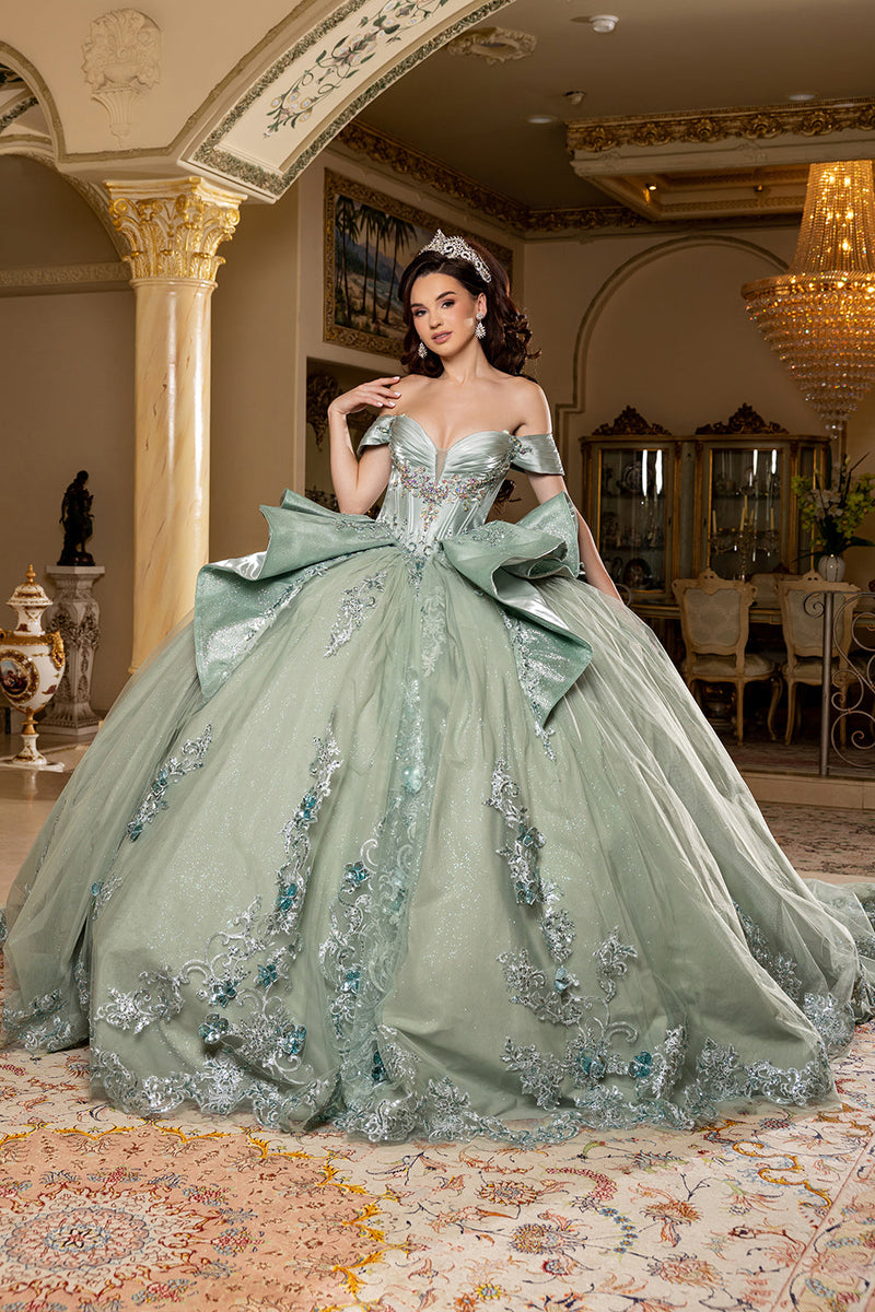 Off-Shouler Sweetheart Corset Beaded Ballgown with Detachable Bow & Train by Layla K LK297