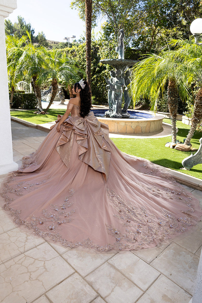 Off-Shouler Sweetheart Corset Beaded Ballgown with Detachable Bow & Train by Layla K LK297