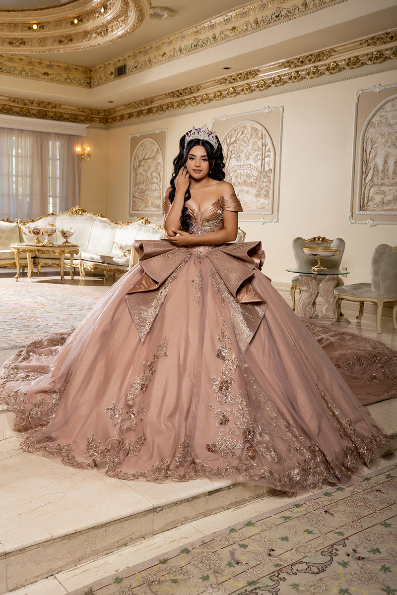Off-Shouler Sweetheart Corset Beaded Ballgown with Detachable Bow & Train by Layla K LK297