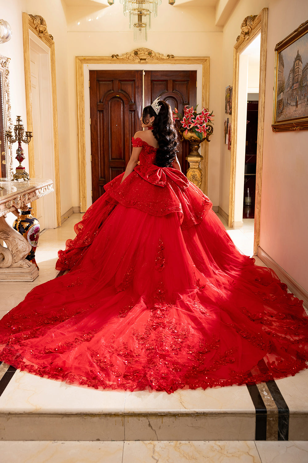 Off-Shoulder Sequin Corset Tiered Ruffle Ball Gown with Detachable Choker by Layla K LK298