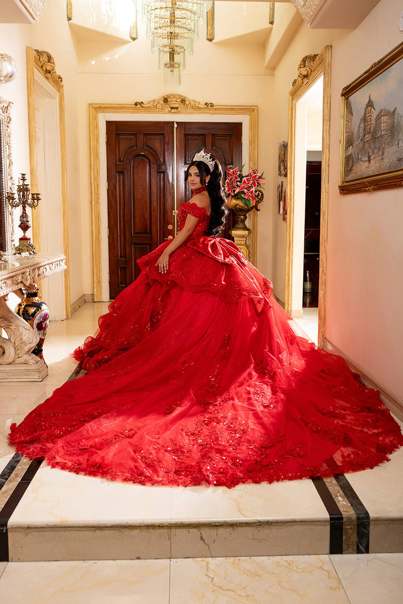 Off-Shoulder Sequin Corset Tiered Ruffle Ball Gown with Detachable Choker by Layla K LK298