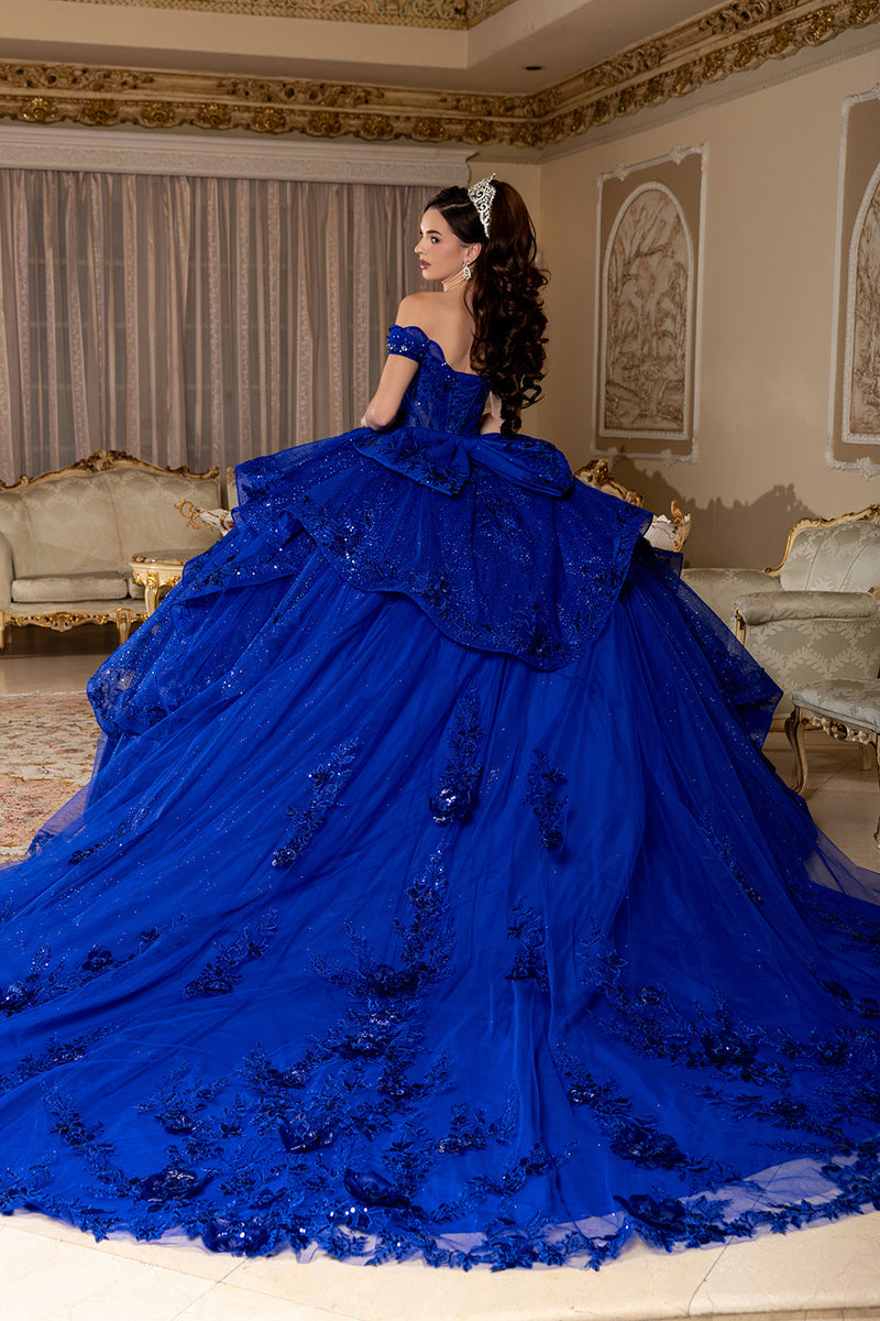 Off-Shoulder Sequin Corset Tiered Ruffle Ball Gown with Detachable Choker by Layla K LK298