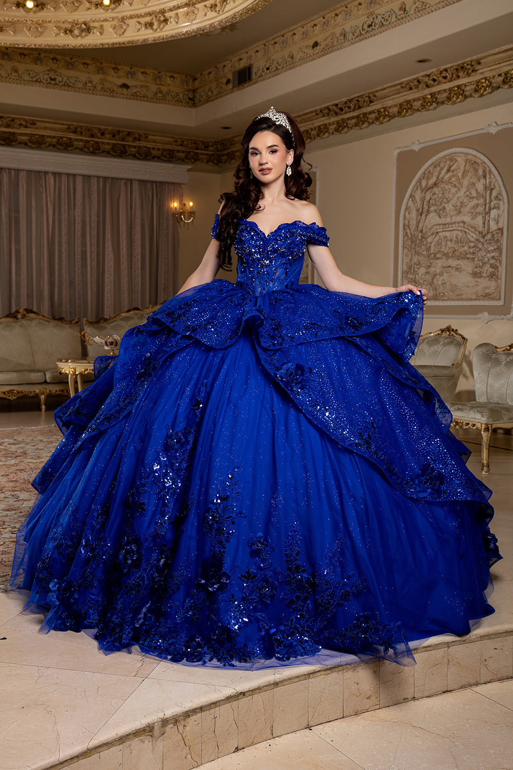 Off-Shoulder Sequin Corset Tiered Ruffle Ball Gown with Detachable Choker by Layla K LK298