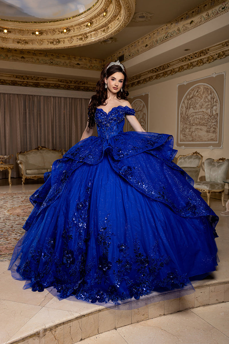 Off-Shoulder Sequin Corset Tiered Ruffle Ball Gown with Detachable Choker by Layla K LK298