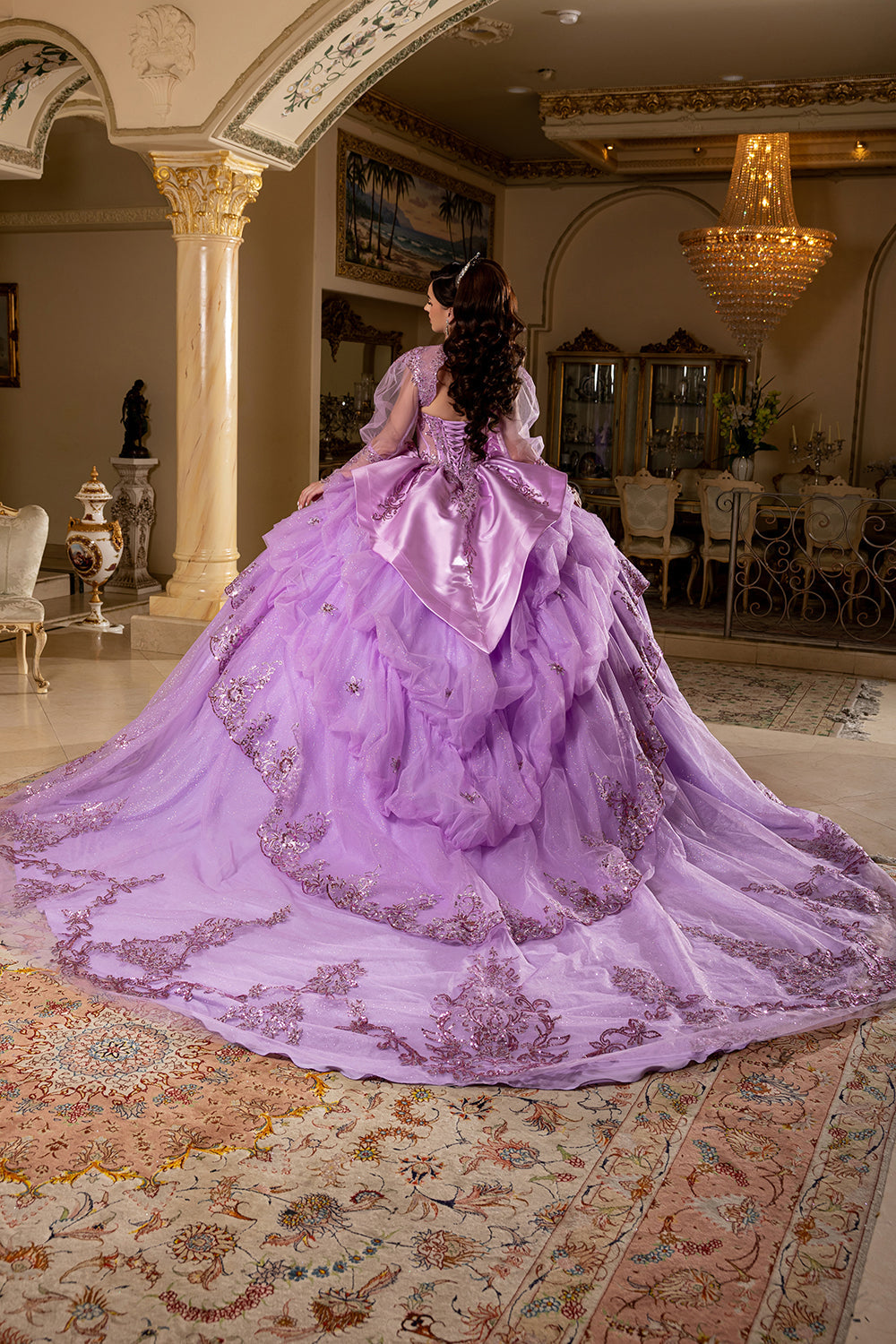Sweetheart Long Sheer Puff Sleeve Beaded Corset Tiered Ruffle Ball Gown by Layla K LK299