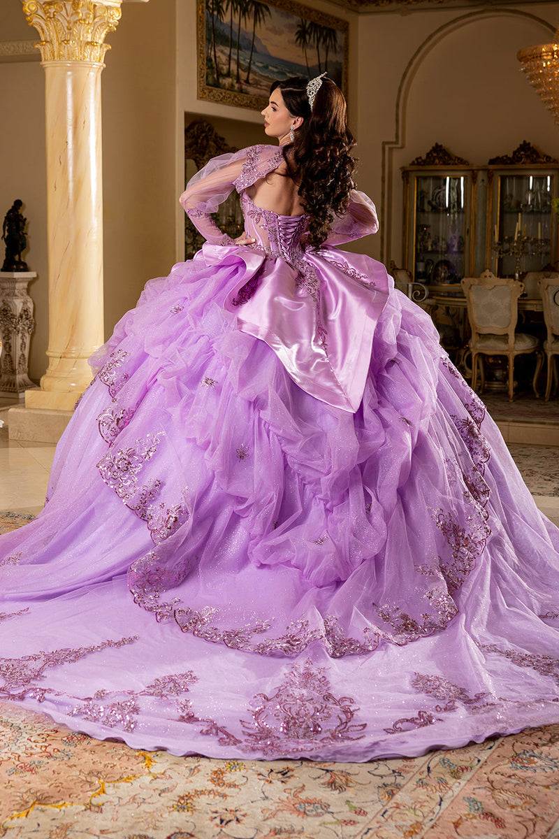 Sweetheart Long Sheer Puff Sleeve Beaded Corset Tiered Ruffle Ball Gown by Layla K LK299