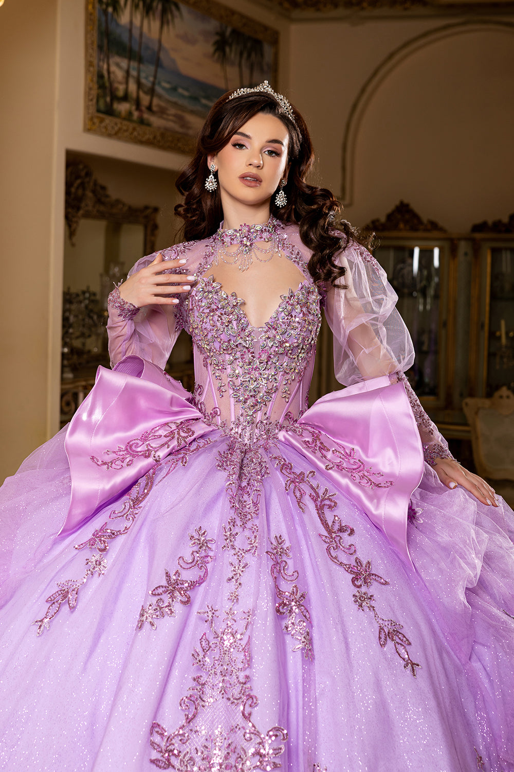 Sweetheart Long Sheer Puff Sleeve Beaded Corset Tiered Ruffle Ball Gown by Layla K LK299