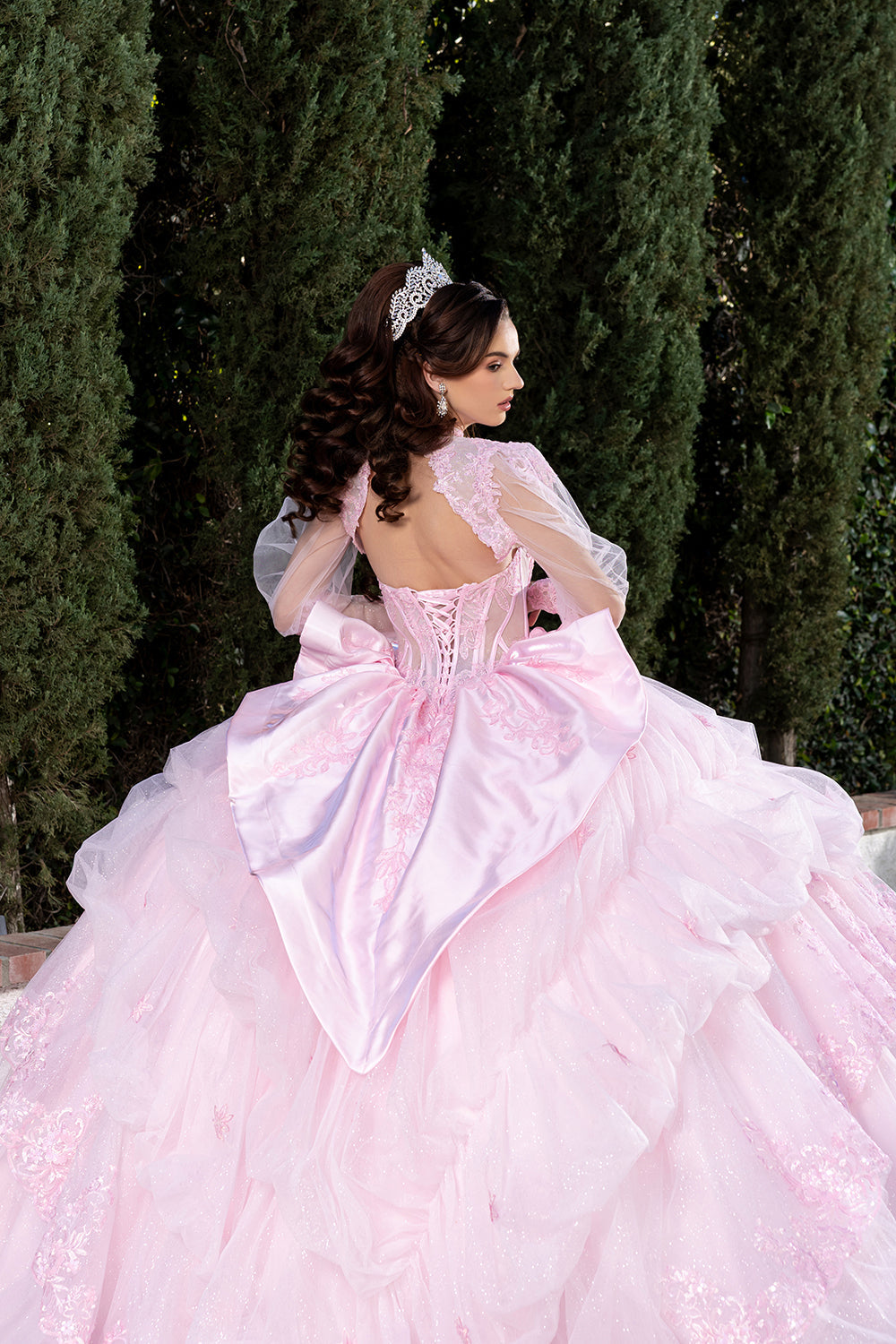 Sweetheart Long Sheer Puff Sleeve Beaded Corset Tiered Ruffle Ball Gown by Layla K LK299