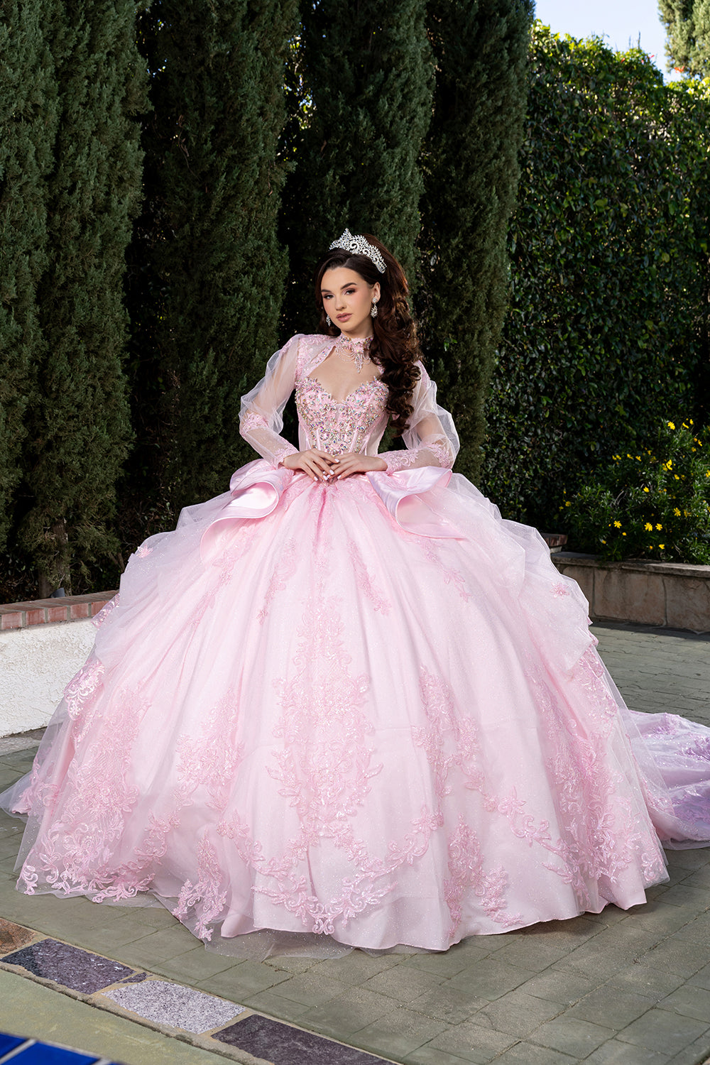 Sweetheart Long Sheer Puff Sleeve Beaded Corset Tiered Ruffle Ball Gown by Layla K LK299