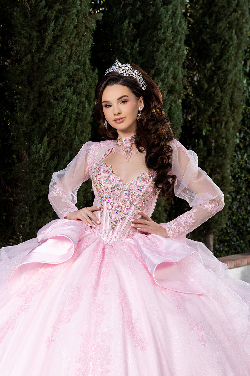 Sweetheart Long Sheer Puff Sleeve Beaded Corset Tiered Ruffle Ball Gown by Layla K LK299
