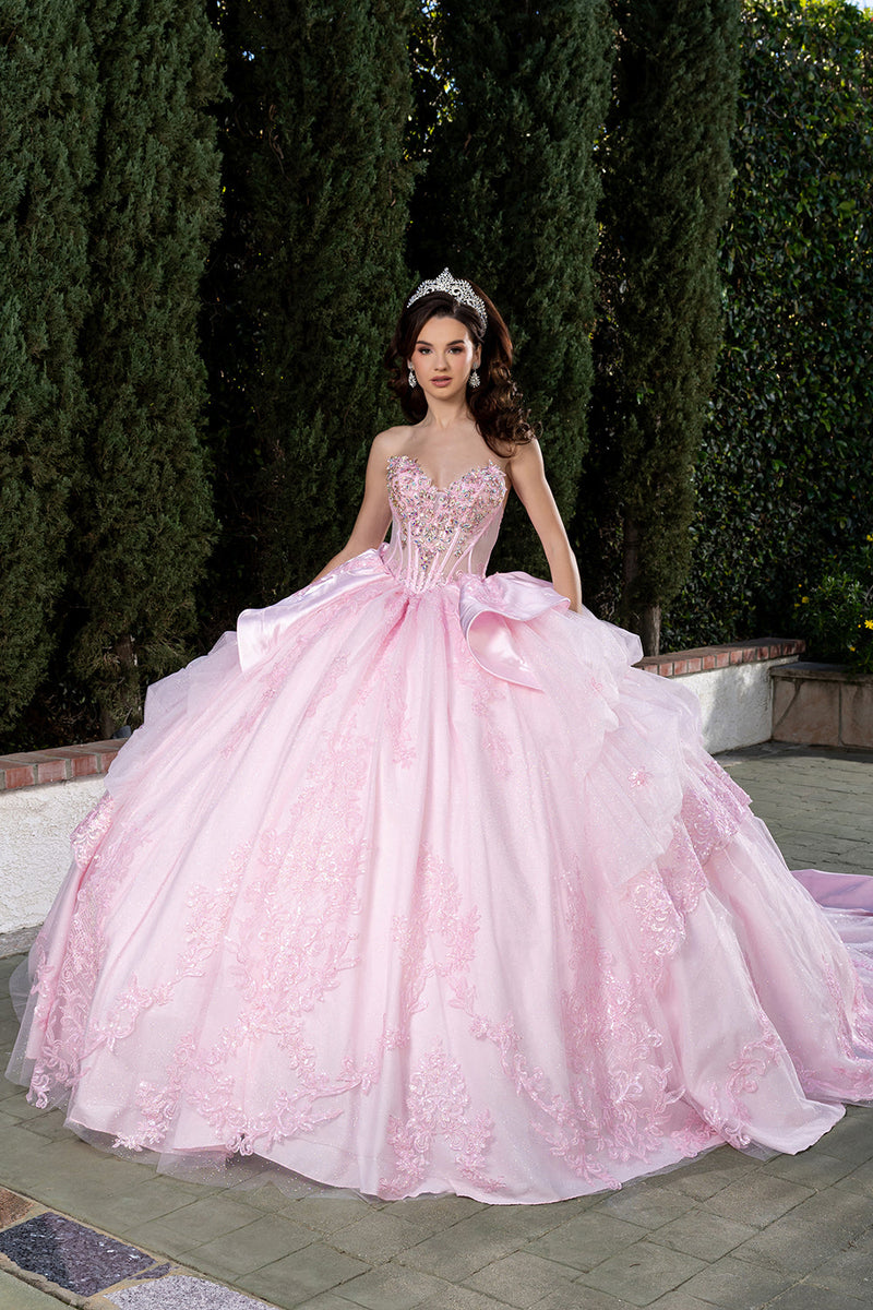 Sweetheart Long Sheer Puff Sleeve Beaded Corset Tiered Ruffle Ball Gown by Layla K LK299