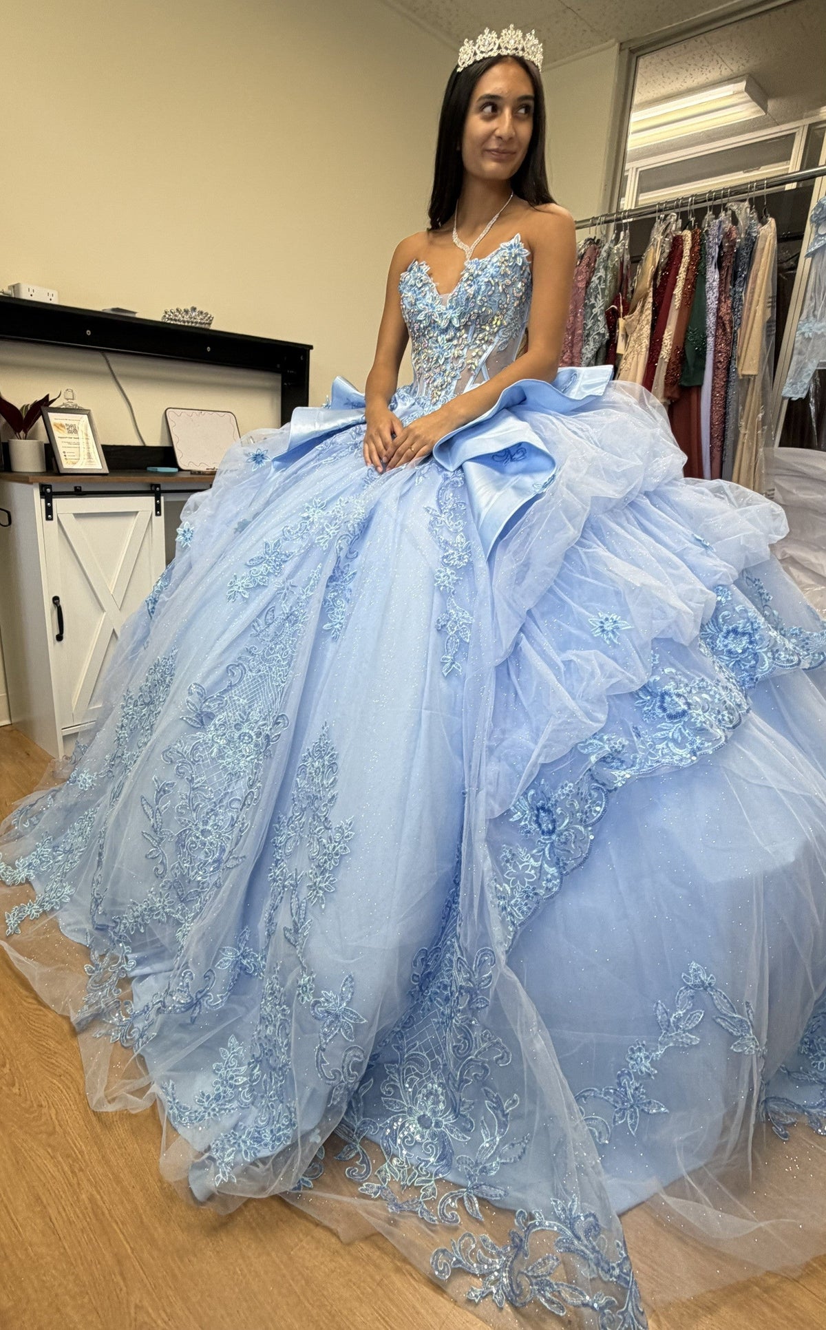 Sweetheart Long Sheer Puff Sleeve Beaded Corset Tiered Ruffle Ball Gown by Layla K LK299