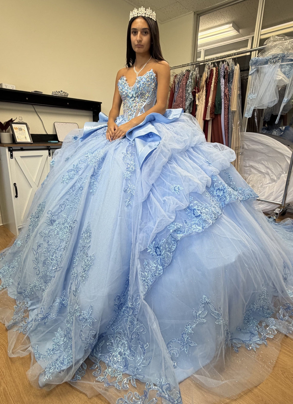 Sweetheart Long Sheer Puff Sleeve Beaded Corset Tiered Ruffle Ball Gown by Layla K LK299
