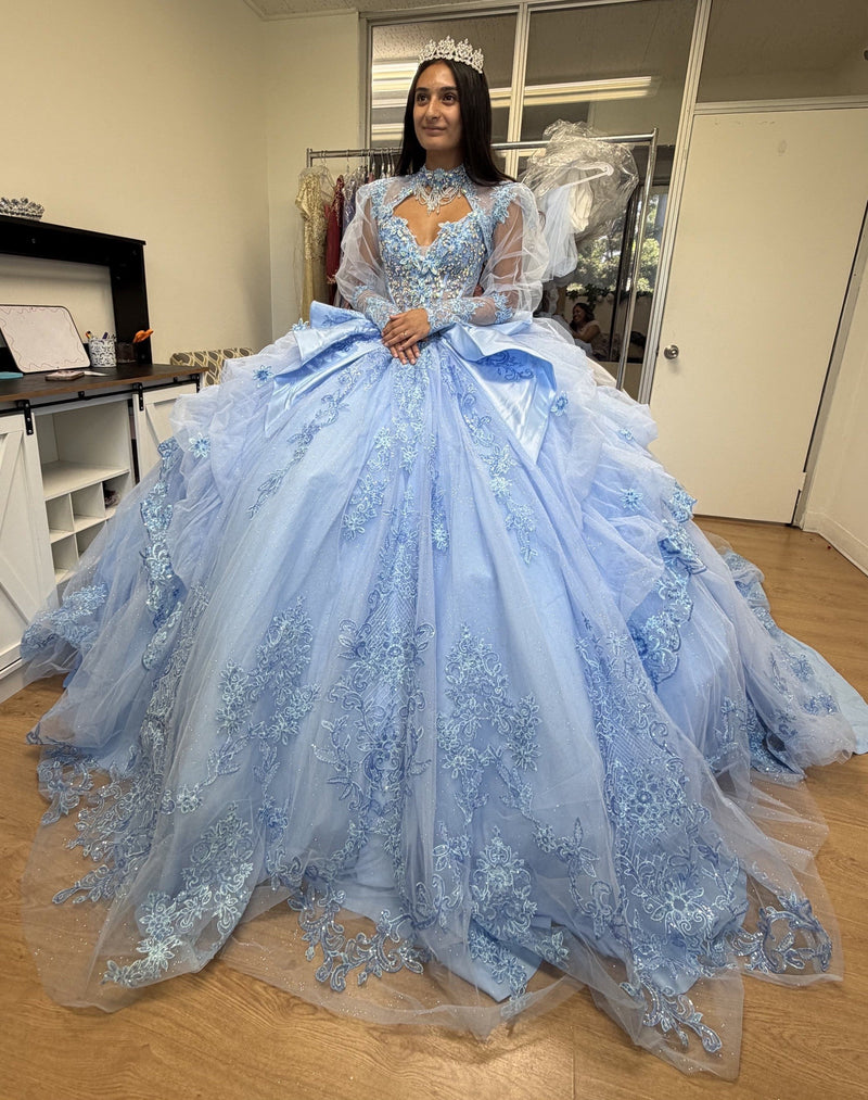 Sweetheart Long Sheer Puff Sleeve Beaded Corset Tiered Ruffle Ball Gown by Layla K LK299