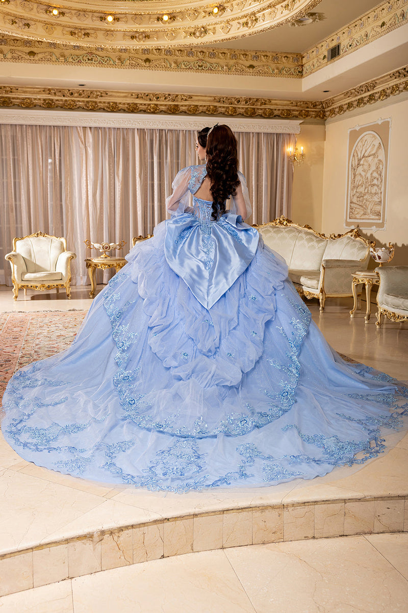 Sweetheart Long Sheer Puff Sleeve Beaded Corset Tiered Ruffle Ball Gown by Layla K LK299
