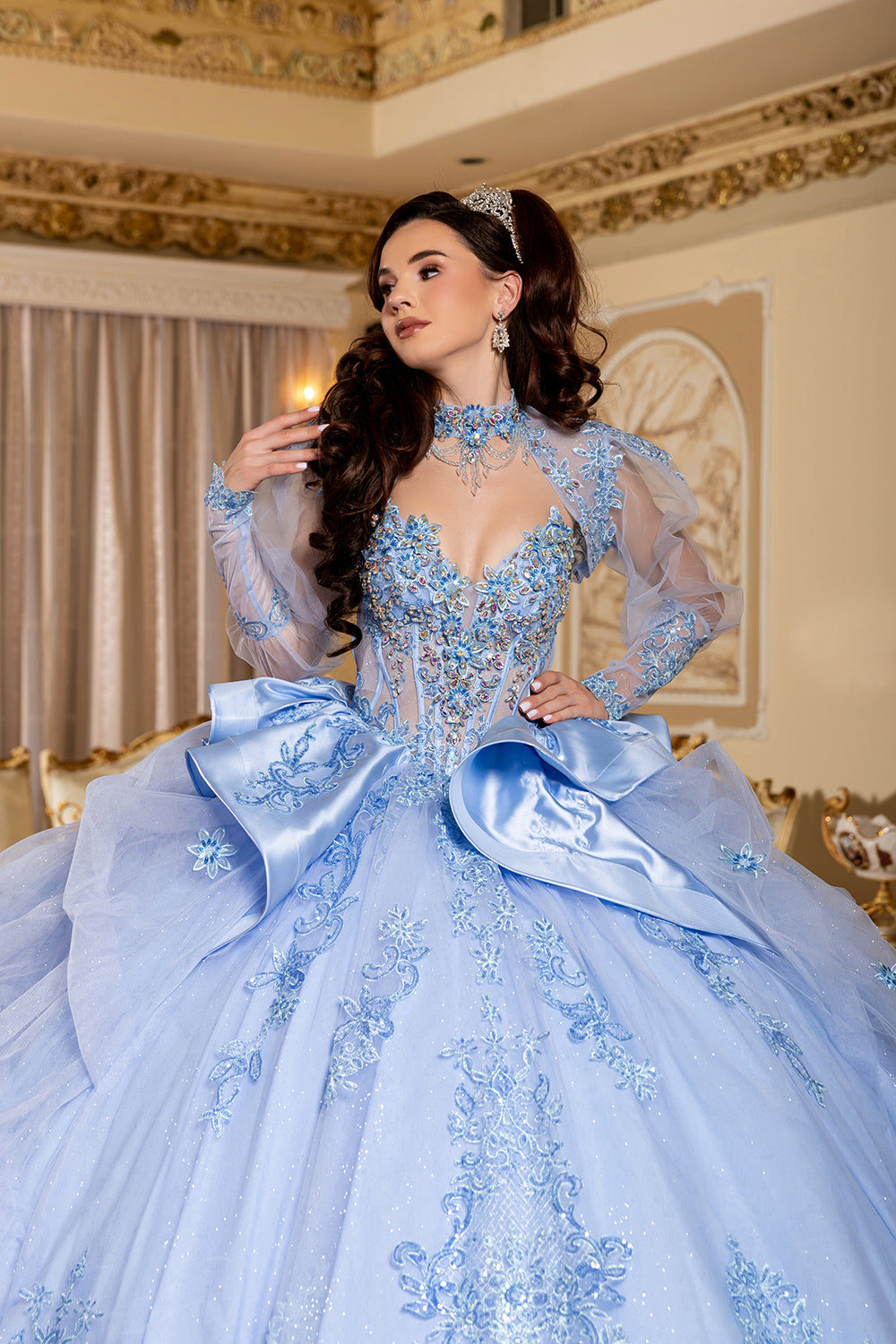 Sweetheart Long Sheer Puff Sleeve Beaded Corset Tiered Ruffle Ball Gown by Layla K LK299