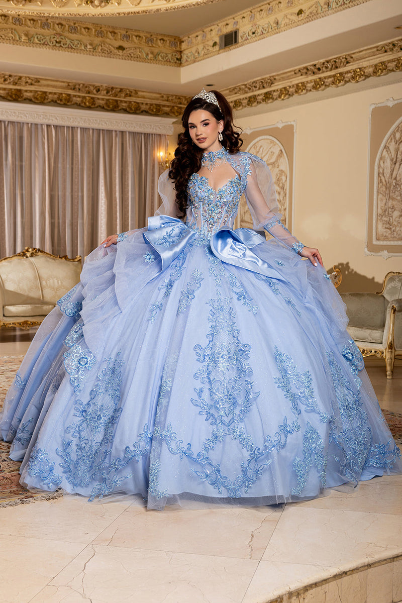 Sweetheart Long Sheer Puff Sleeve Beaded Corset Tiered Ruffle Ball Gown by Layla K LK299