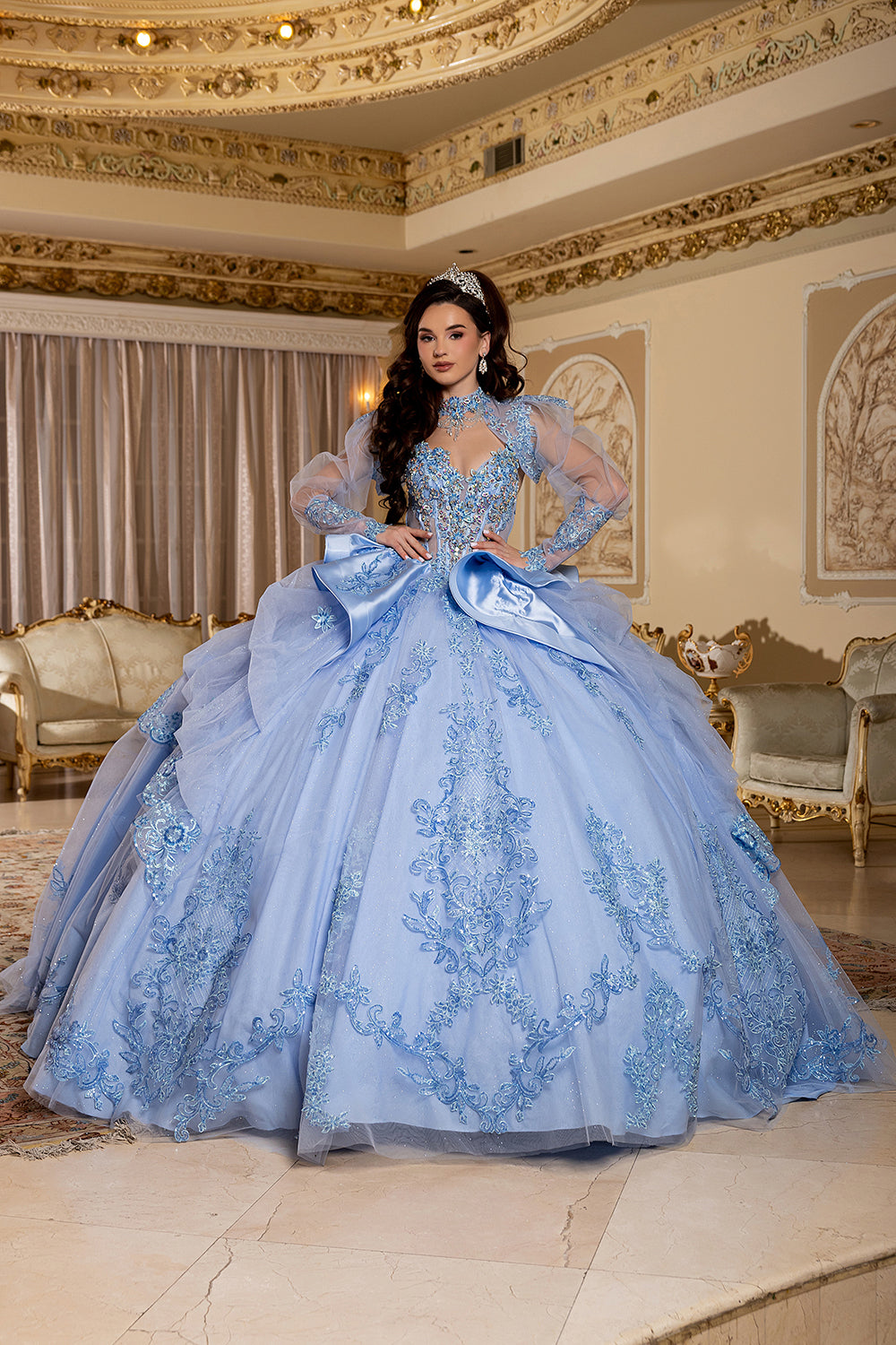 Sweetheart Long Sheer Puff Sleeve Beaded Corset Tiered Ruffle Ball Gown by Layla K LK299