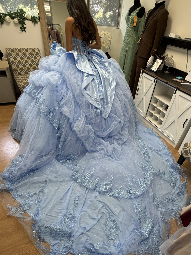 Sweetheart Long Sheer Puff Sleeve Beaded Corset Tiered Ruffle Ball Gown by Layla K LK299