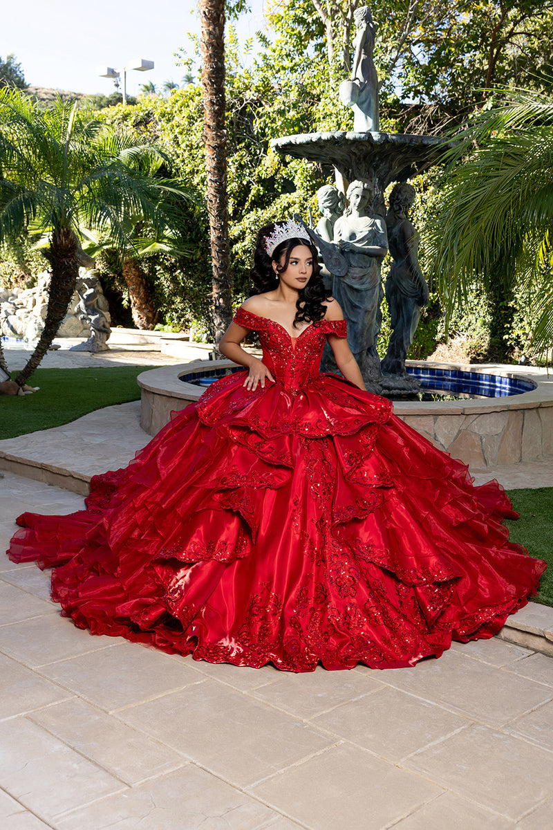 Off-Shoulder Beaded Corset Tiered Ruffle Ball Gown with Detachable Collar by Layla K LK300