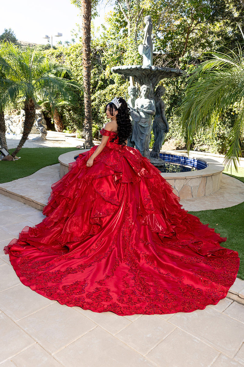Off-Shoulder Beaded Corset Tiered Ruffle Ball Gown with Detachable Collar by Layla K LK300
