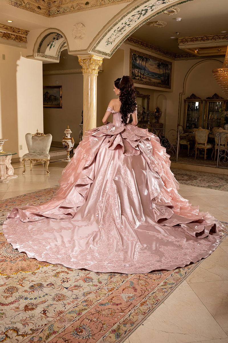 Off-Shoulder Beaded Corset Tiered Ruffle Ball Gown with Detachable Collar by Layla K LK300