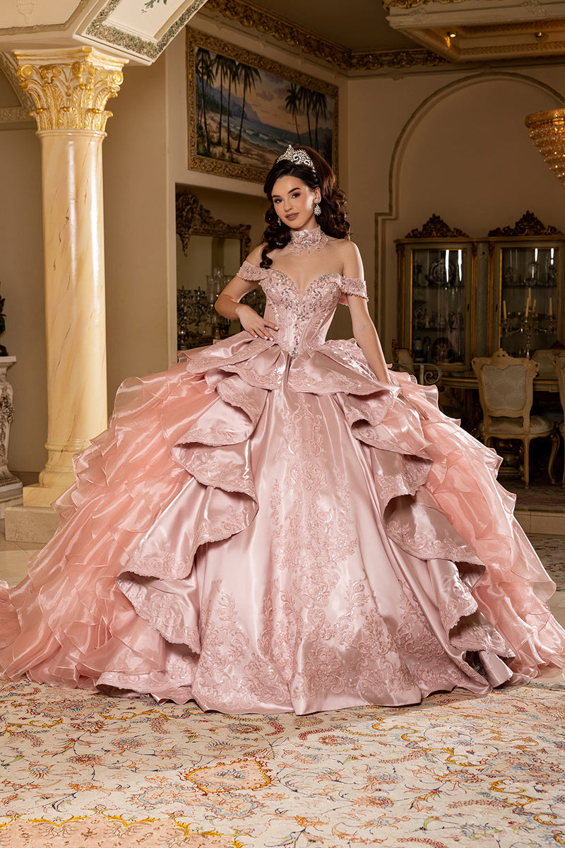 Off-Shoulder Beaded Corset Tiered Ruffle Ball Gown with Detachable Collar by Layla K LK300