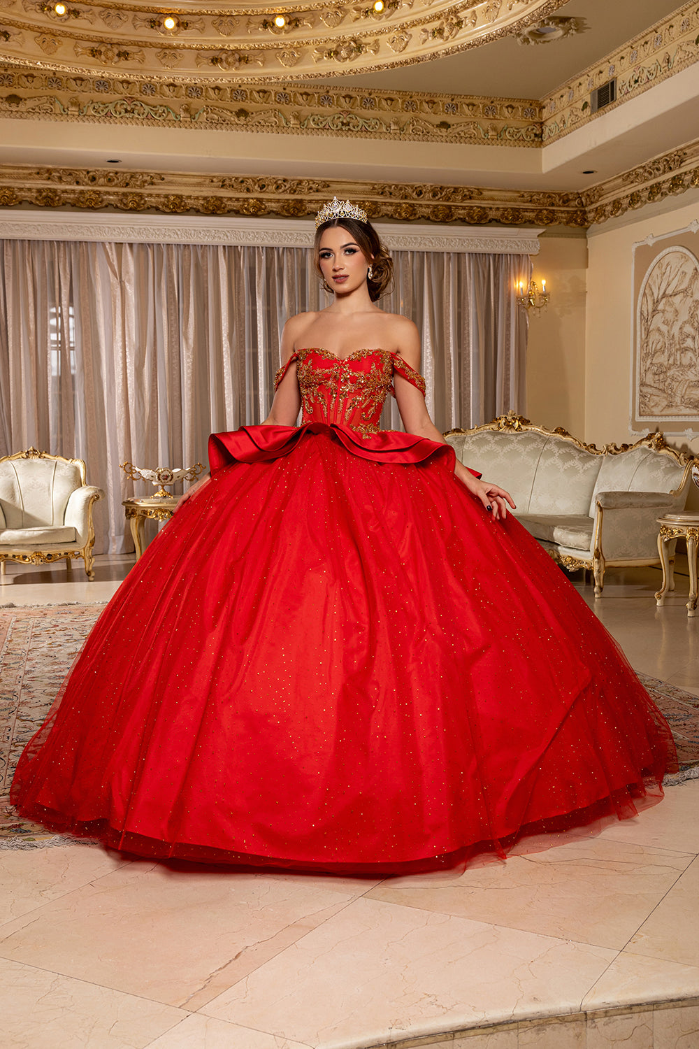Off-Shoulder Beaded Illusion Corset Glitter Tulle Ball Gown with Bow Back Dress by Layla K LK301