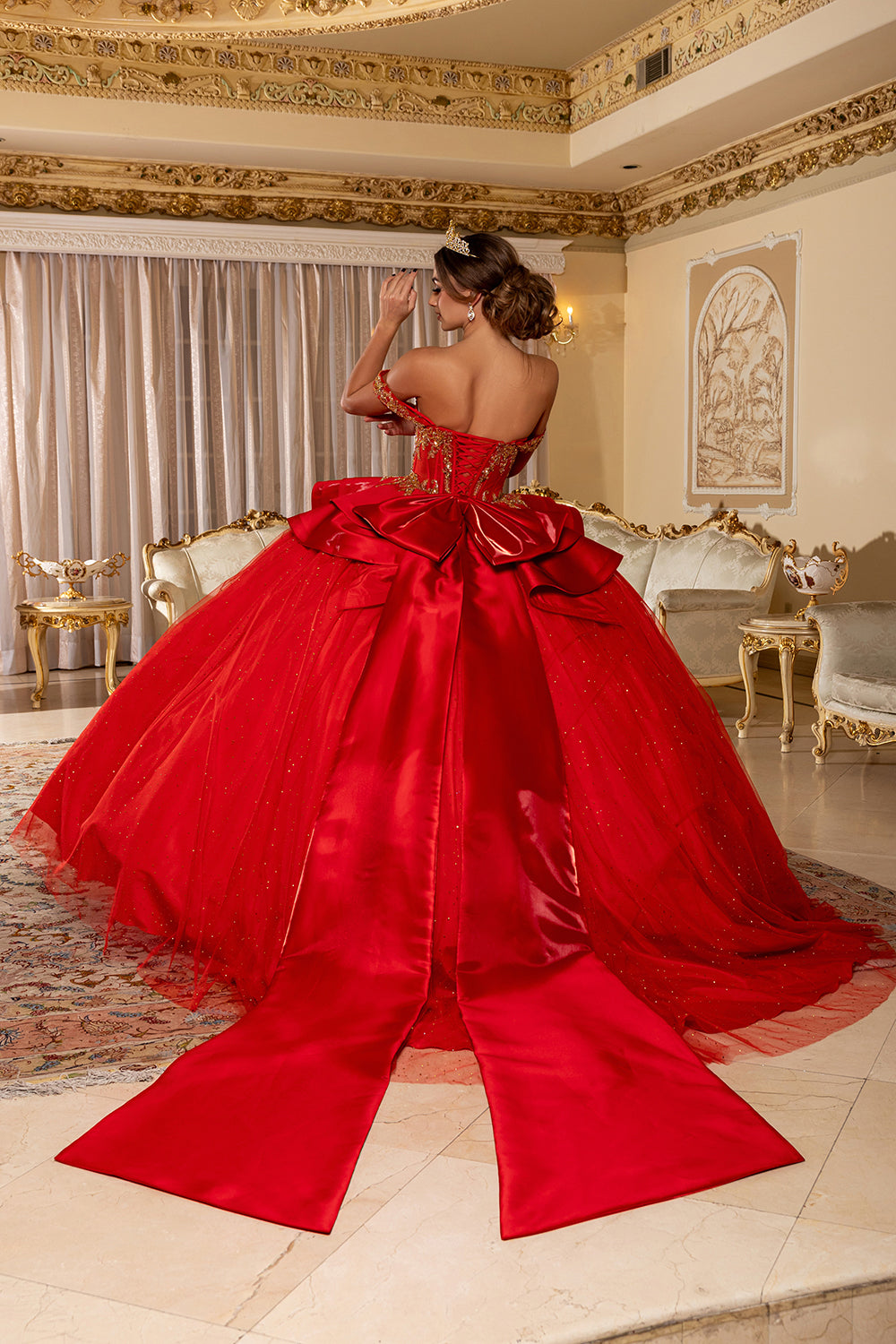 Off-Shoulder Beaded Illusion Corset Glitter Tulle Ball Gown with Bow Back Dress by Layla K LK301