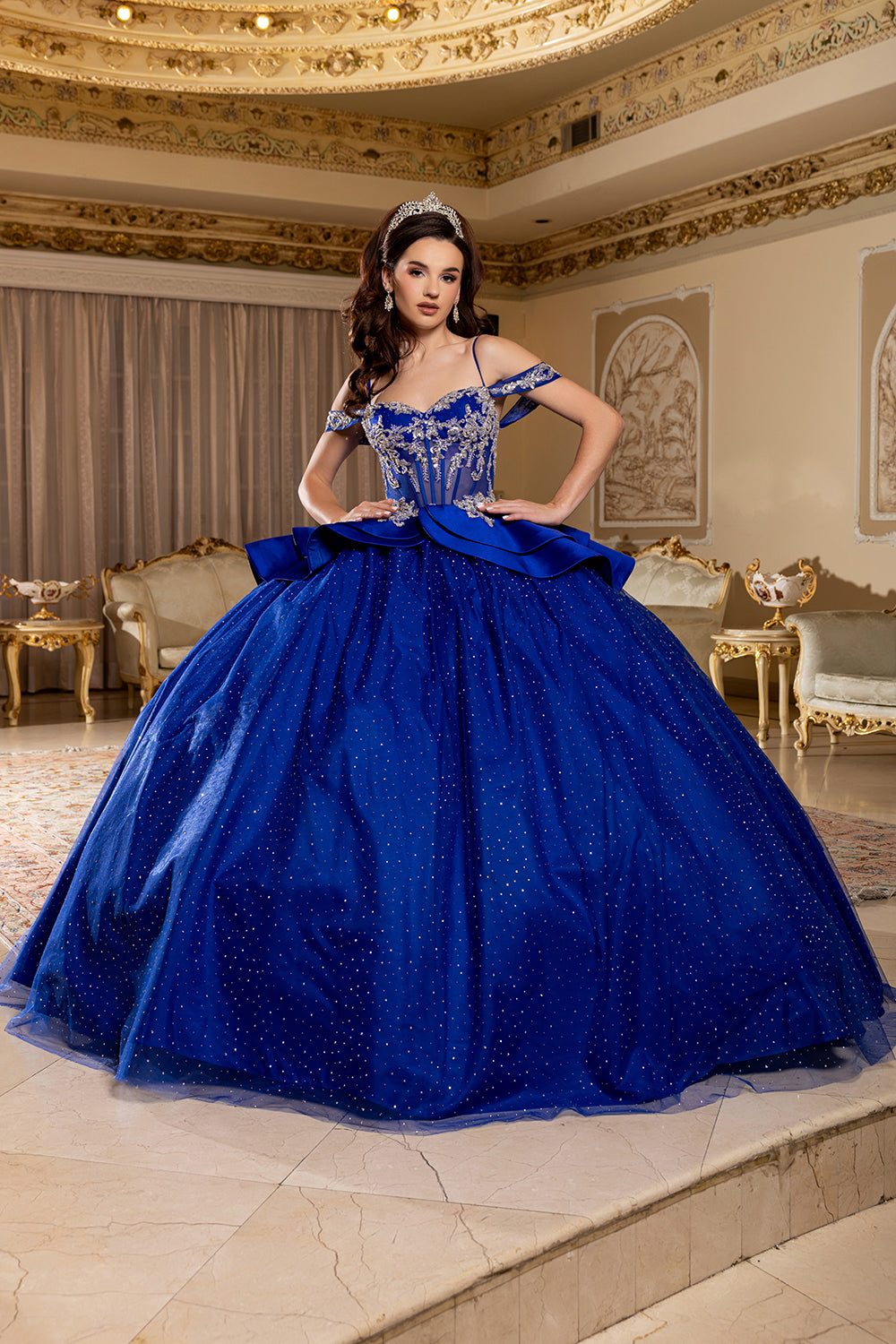Off-Shoulder Beaded Illusion Corset Glitter Tulle Ball Gown with Bow Back Dress by Layla K LK301