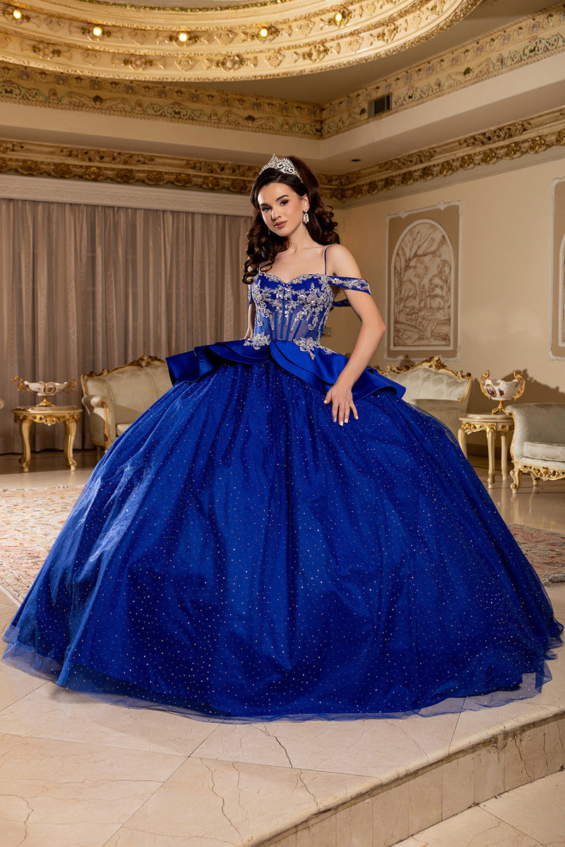 Off-Shoulder Beaded Illusion Corset Glitter Tulle Ball Gown with Bow Back Dress by Layla K LK301
