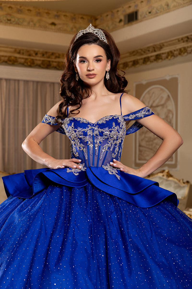 Off-Shoulder Beaded Illusion Corset Glitter Tulle Ball Gown with Bow Back Dress by Layla K LK301
