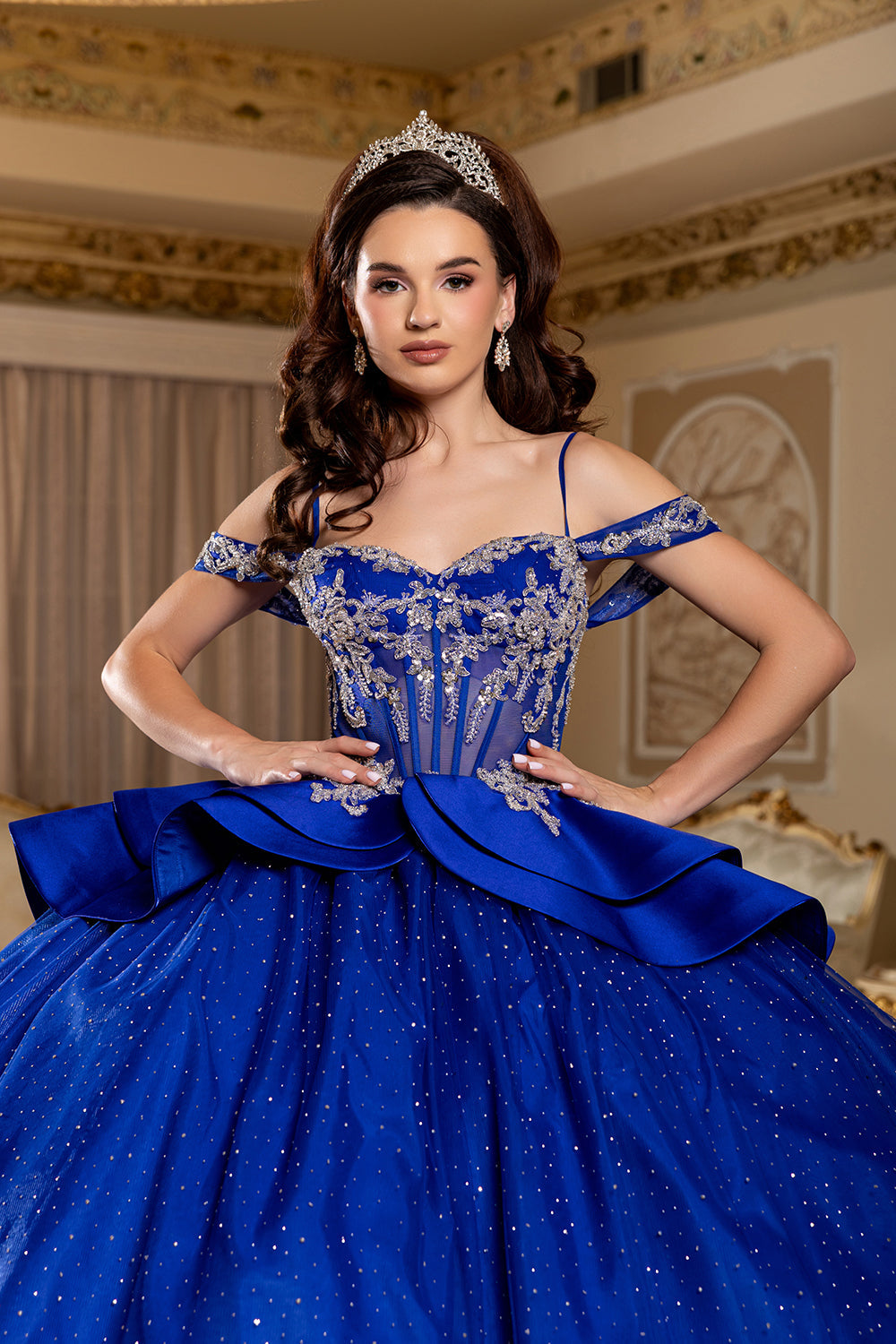 Off-Shoulder Beaded Illusion Corset Glitter Tulle Ball Gown with Bow Back Dress by Layla K LK301
