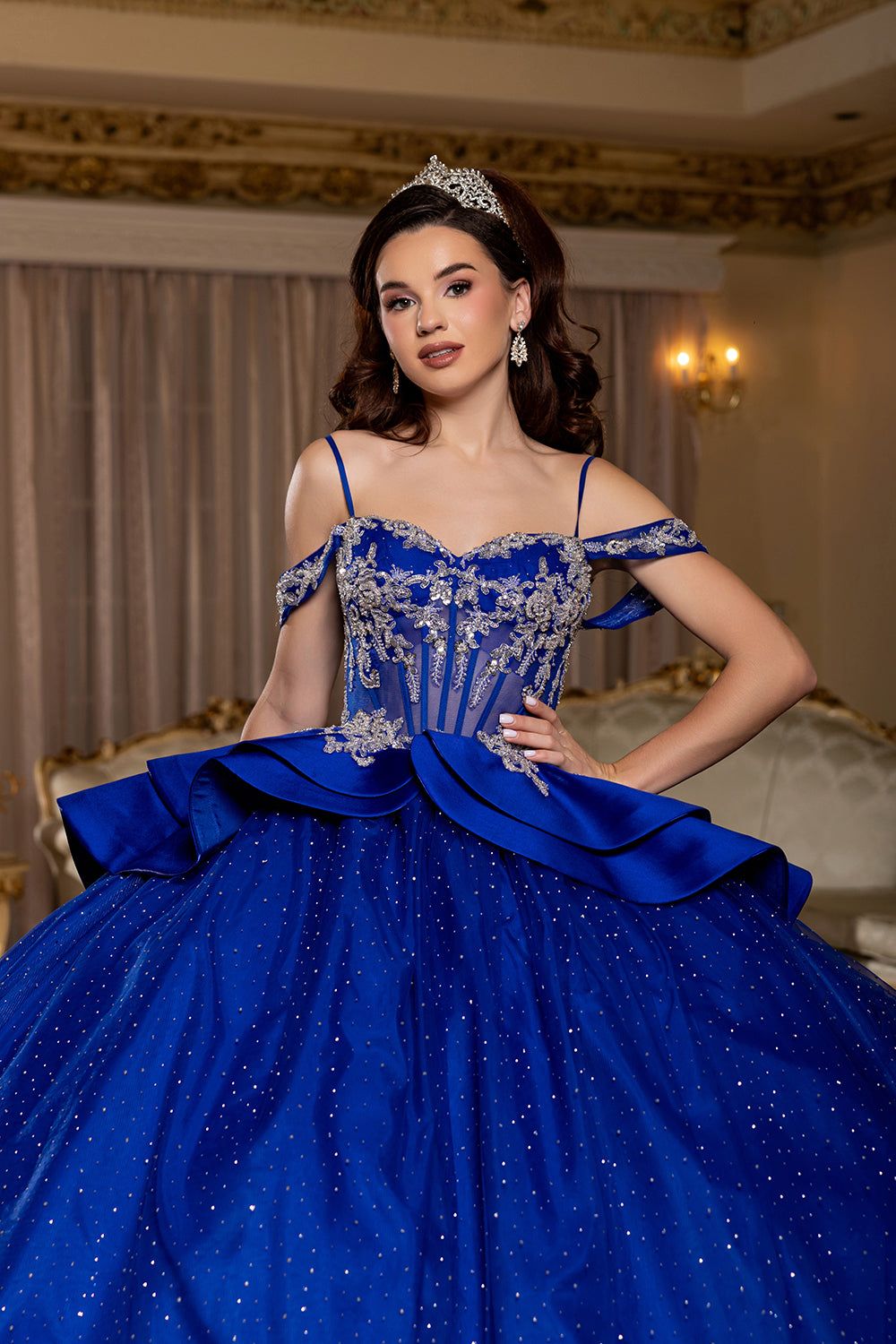 Off-Shoulder Beaded Illusion Corset Glitter Tulle Ball Gown with Bow Back Dress by Layla K LK301
