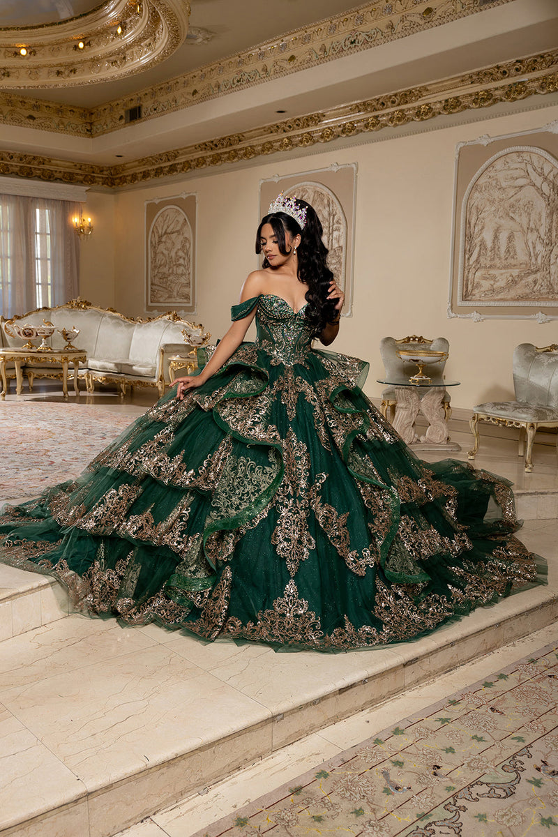 Off-Shoulder Sweetheart Corset Embroidered Tiered Ruffle Ballgown with Back Bow by Layla K LK302