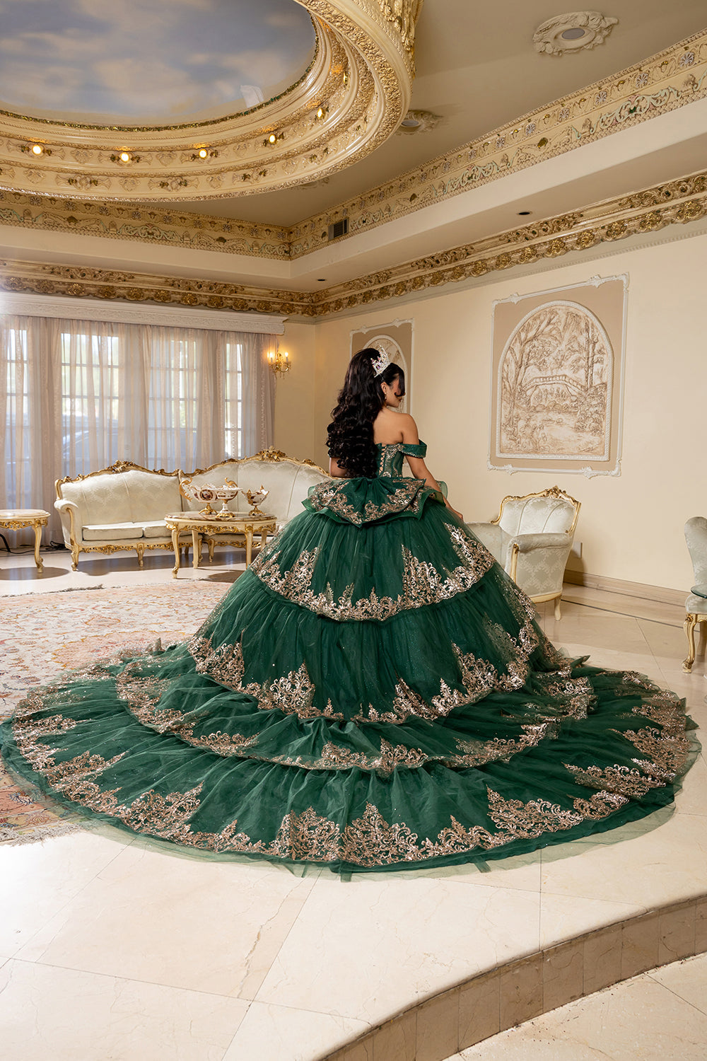 Off-Shoulder Sweetheart Corset Embroidered Tiered Ruffle Ballgown with Back Bow by Layla K LK302