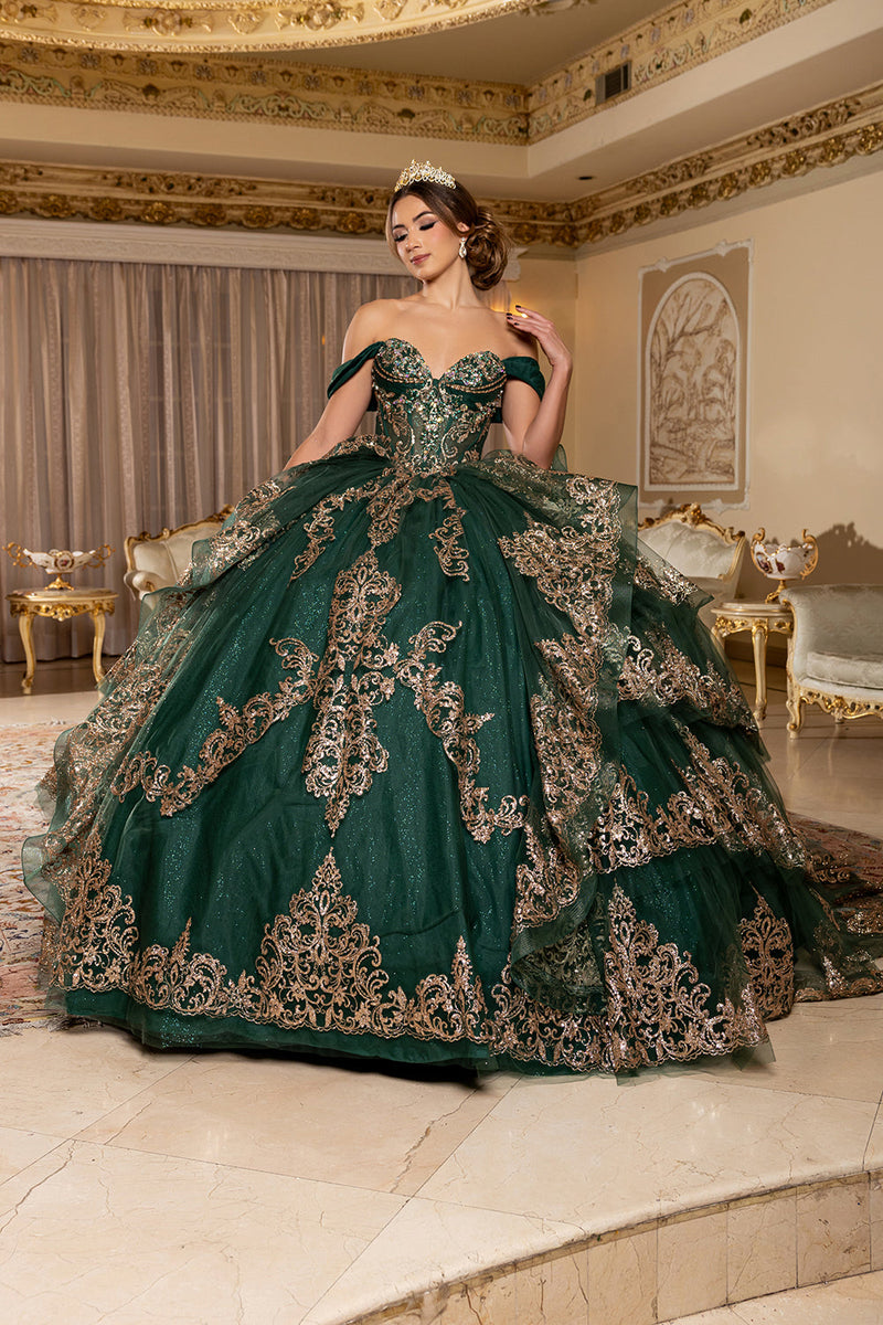 Off-Shoulder Sweetheart Corset Embroidered Tiered Ruffle Ballgown with Back Bow by Layla K LK302