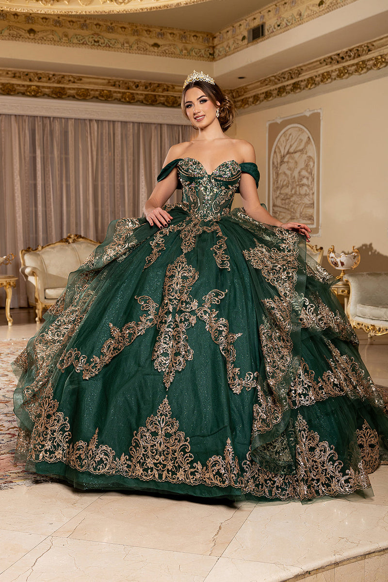 Off-Shoulder Sweetheart Corset Embroidered Tiered Ruffle Ballgown with Back Bow by Layla K LK302
