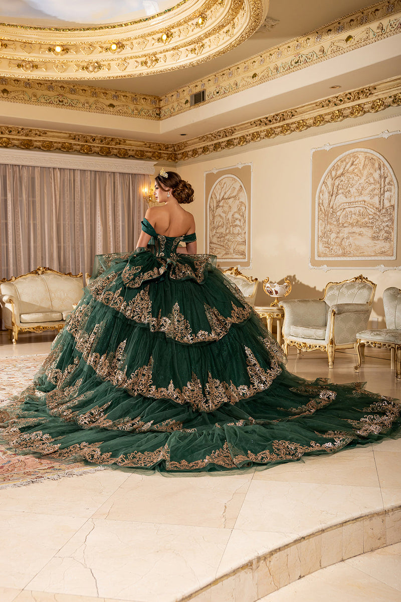 Off-Shoulder Sweetheart Corset Embroidered Tiered Ruffle Ballgown with Back Bow by Layla K LK302