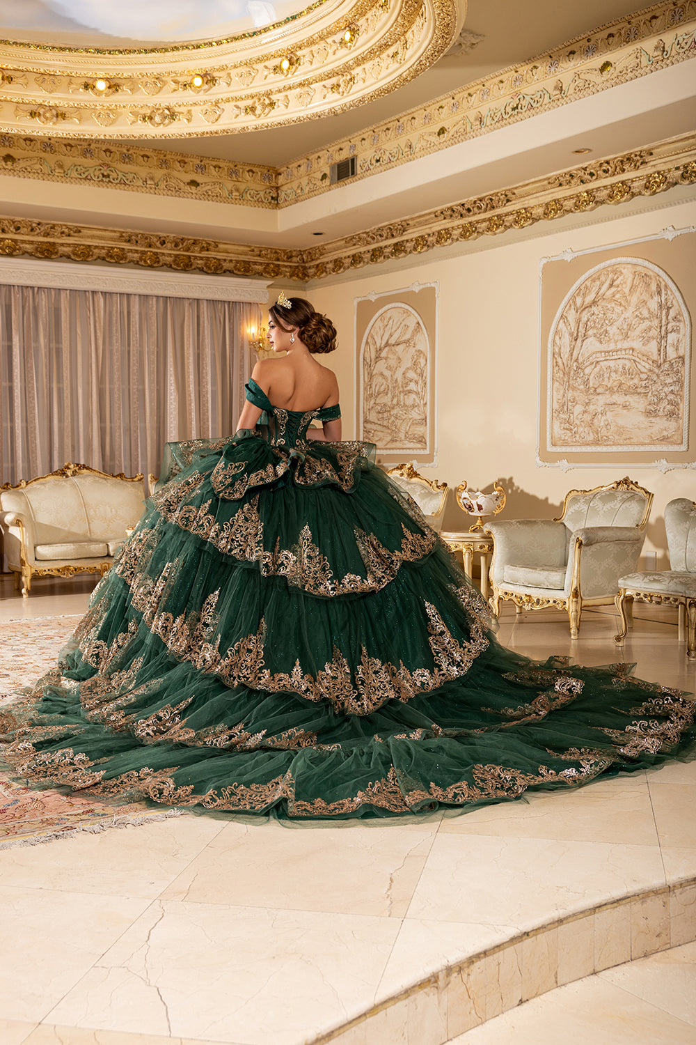 Off-Shoulder Sweetheart Corset Embroidered Tiered Ruffle Ballgown with Back Bow by Layla K LK302